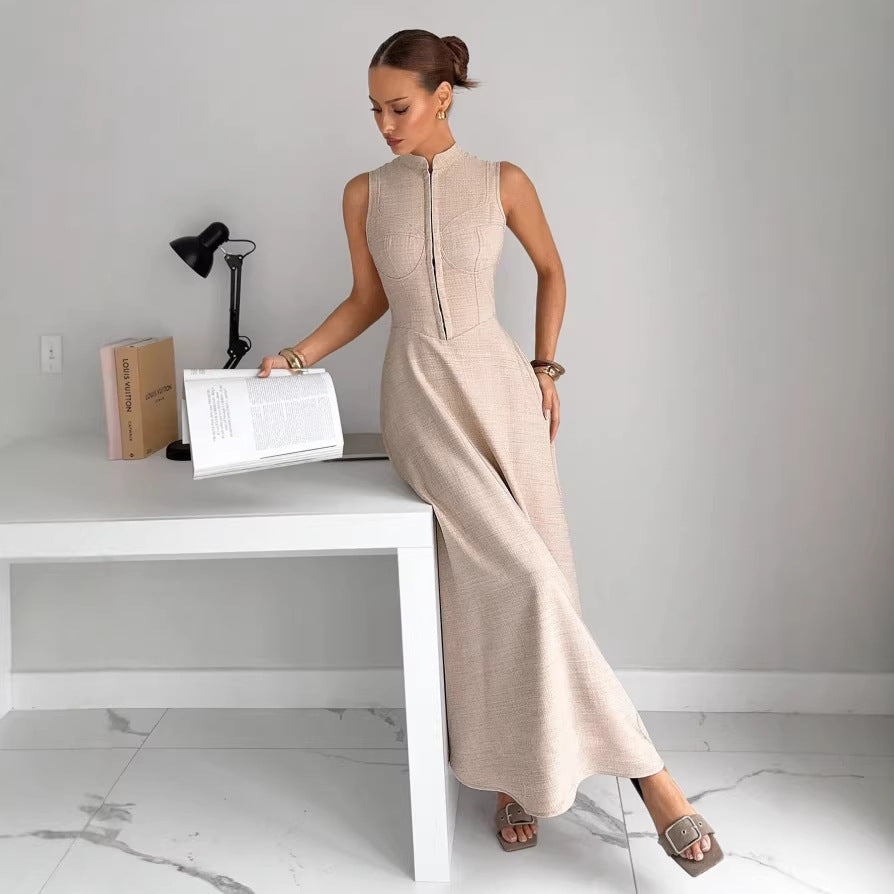 european and american cross-border new sleeveless french cinched waist maxi dress for women