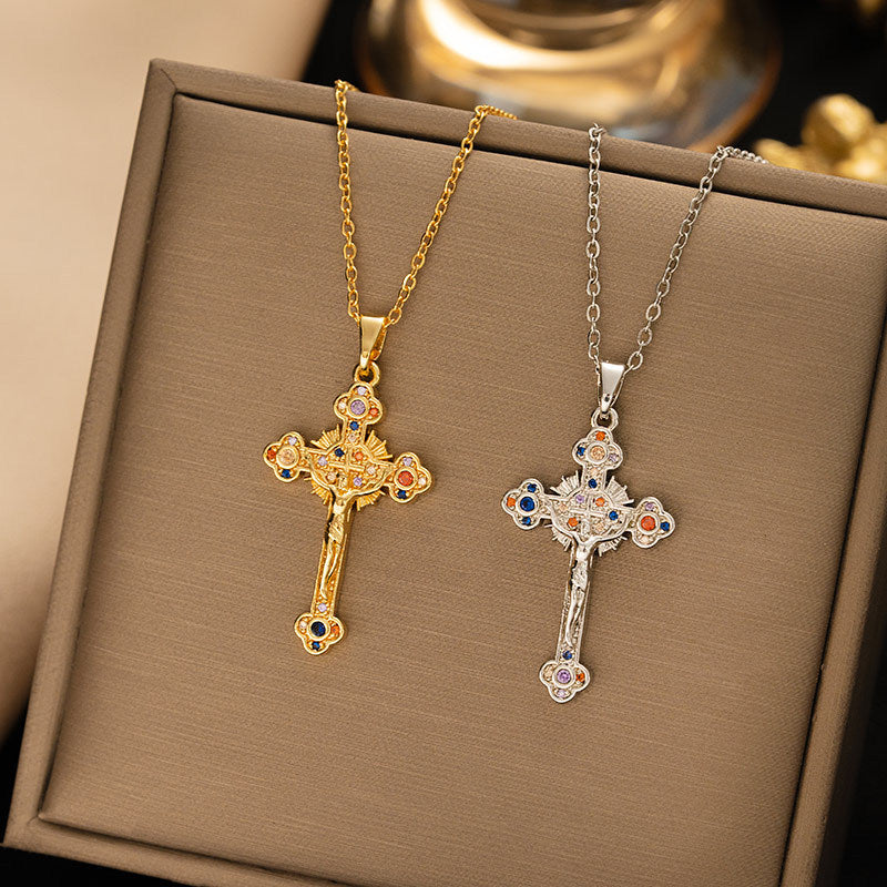 【titanium steel】necklace for women, cross-border fashion, full diamond colorful zircon cross pendant, high-end clavicle chain jewelry