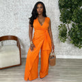 C7786 cross-border  new women's sleeveless v-neck criss-cross tie-up slit top wide-leg commuter jumpsuit