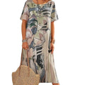 european and american cross-border fashion casual printed dress - summer short sleeve tie-waist round neck loose beach maxi dress
