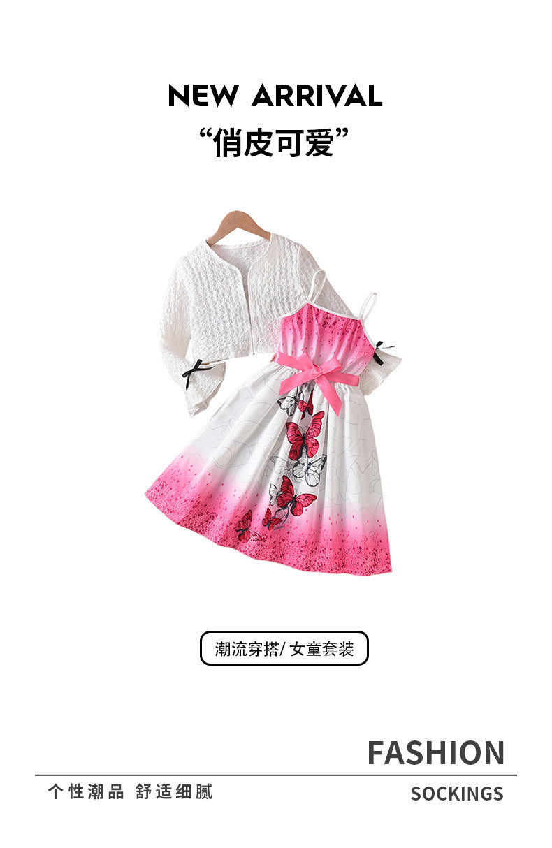 girls' skirt set: pink bow dress with butterfly print and flared sleeves, two-piece outfit for kids
