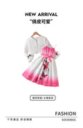 girls' skirt set: pink bow dress with butterfly print and flared sleeves, two-piece outfit for kids