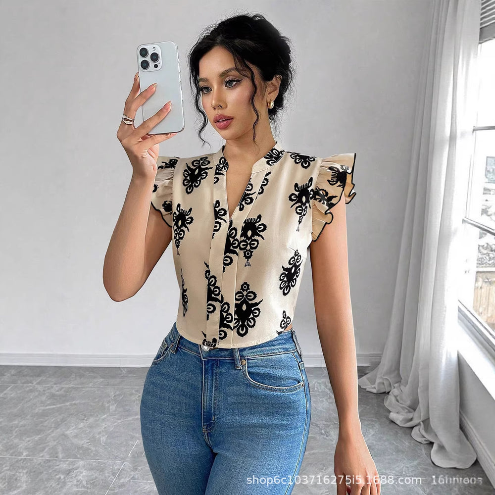 European and american cross-border women's  new print ruffle trim short sleeve top, v-neck single-breasted button-down blouse