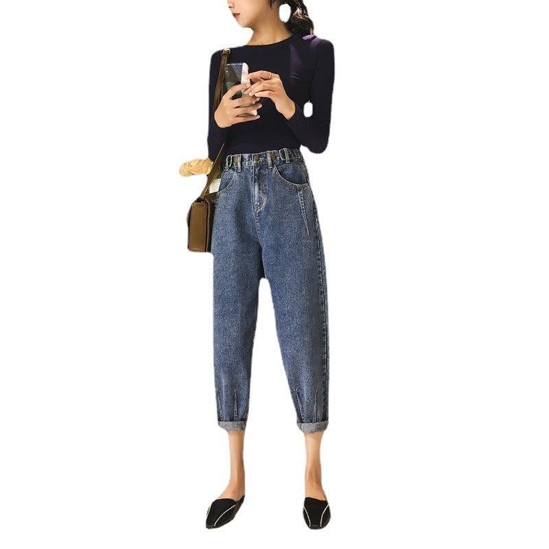 Fashion dad pants new arrival denim nine-point pants adjustable waist stylish pants jeans women's clothing