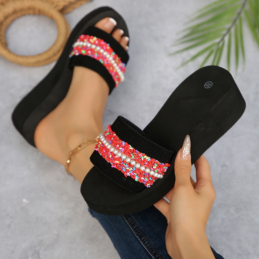 Outdoor heightening one-word women's back high heel non-slip summerfashionk-style trendycasual black open drag thick sole