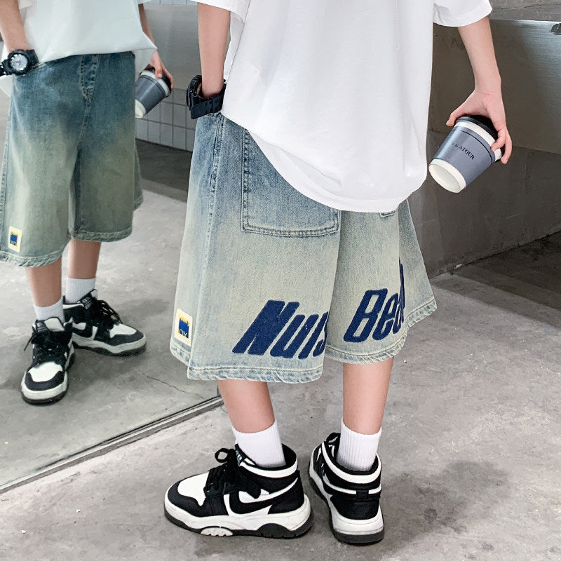 Boys' summer denim shorts - lightweight, loose-fit, mid-length shorts for kids - stylish letter print for older boys