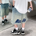 Boys' summer denim shorts - lightweight, loose-fit, mid-length shorts for kids - stylish letter print for older boys