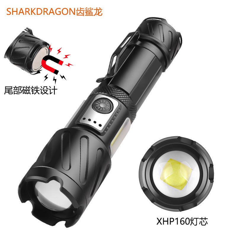 Cross-border XHP160 + COB strong light flashlight USB charging outdoor zoom magnetic side light maintenance LED flashlight