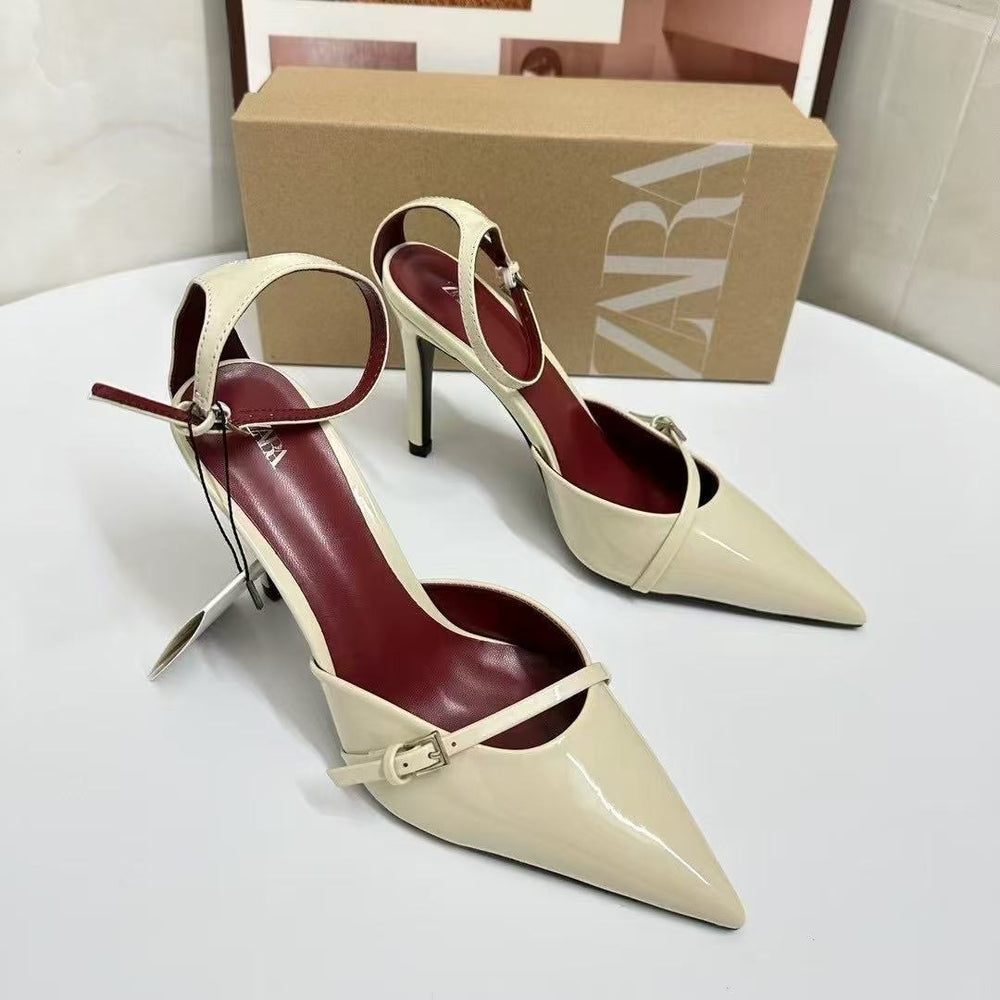 Za2025 summer new pointed-toe stiletto heels - wine red patent leather, single buckle, thin strap women's high heels
