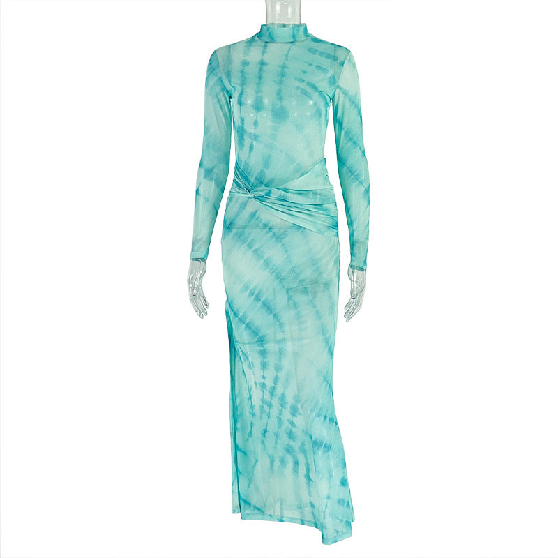 European and american style cross-border printed mesh women's dress - fitted waist, bodycon, high neck, fashionable long sleeve, elegant maxi dress