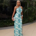 European and american style cross-border fresh women's clothing elegant backless halter bodycon dress - chic blue and white abstract print maxi dress