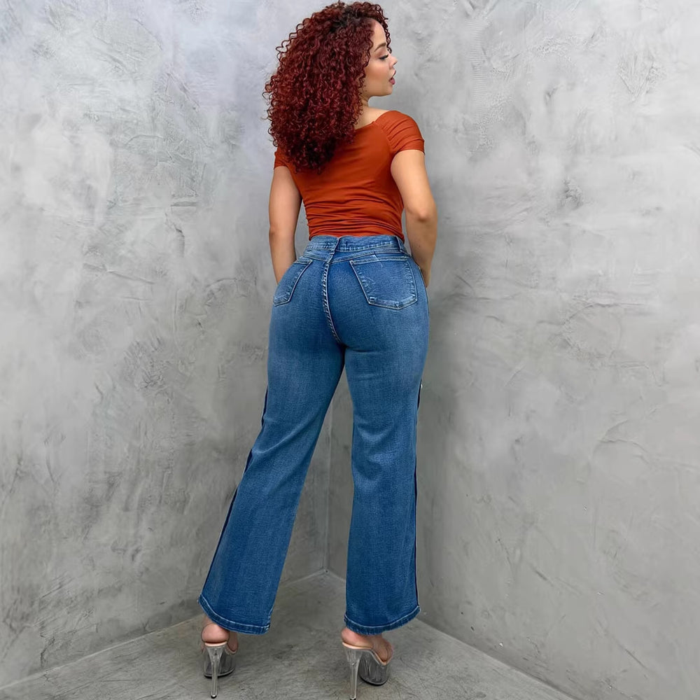 European and american style micro-flared jeans  cross-border women's clothing street fashion side-breasted washed high waist casual pants