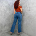 European and american style micro-flared jeans  cross-border women's clothing street fashion side-breasted washed high waist casual pants