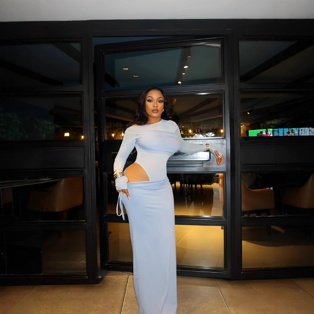European and american cross-border women's fashion  winter new arrival: solid color long sleeve sexy slim-fit tie-waist midi skirt two-piece set