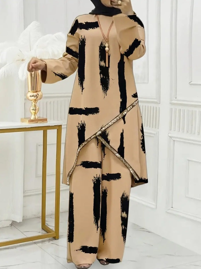 cross-border new arrival: women's two-piece loungewear set - relaxed fit with linear print design