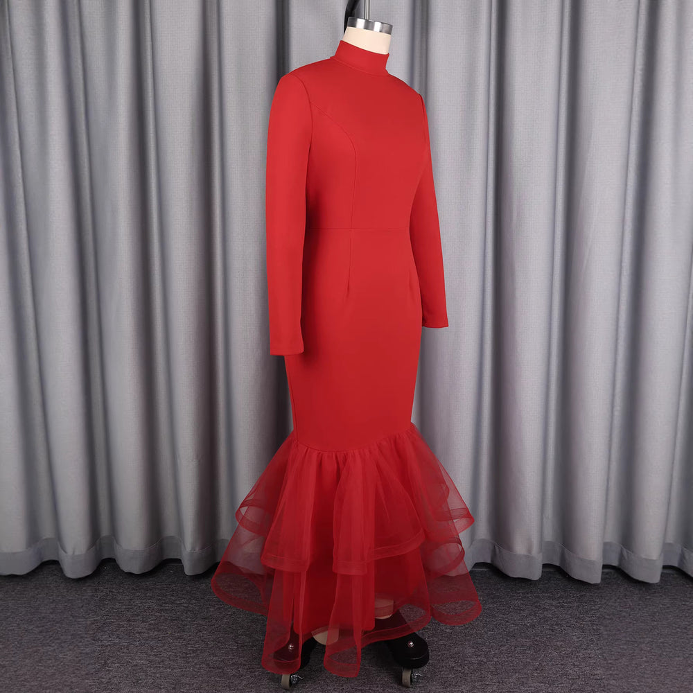 European and american style red mock neck long sleeve dress with mesh panel fishtail hem - slim fit bodycon fishtail dress