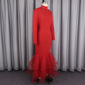 European and american style red mock neck long sleeve dress with mesh panel fishtail hem - slim fit bodycon fishtail dress