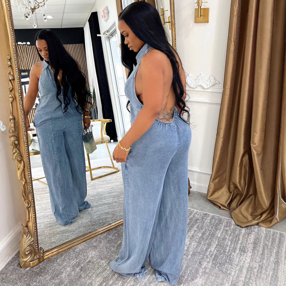 European and american style denim jumpsuit  cross-border fall and winternew arrival women's lapel halter single-breasted jumpsuit