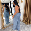 European and american style denim jumpsuit  cross-border fall and winternew arrival women's lapel halter single-breasted jumpsuit