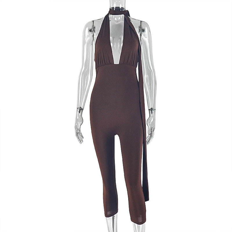 European and american style ins cross-border women's small-leg sports commuter jumpsuit v-neck strap silm pure color trendy jumpsuit