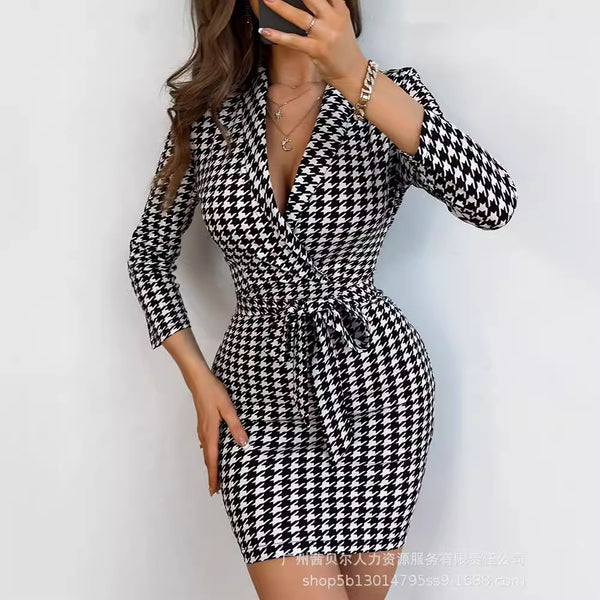 P1LZM2456 European and American new thousand bird grid stacked lapel suit skirt