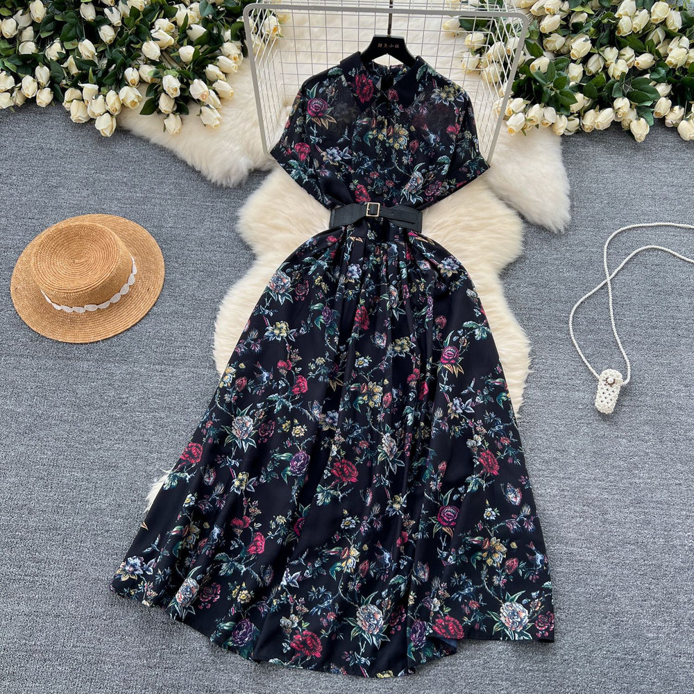 Frenchniche styleclassy light mature style single breasted short sleeve printingshirtdress women's styleretro chiffon skirt