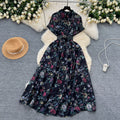 Frenchniche styleclassy light mature style single breasted short sleeve printingshirtdress women's styleretro chiffon skirt