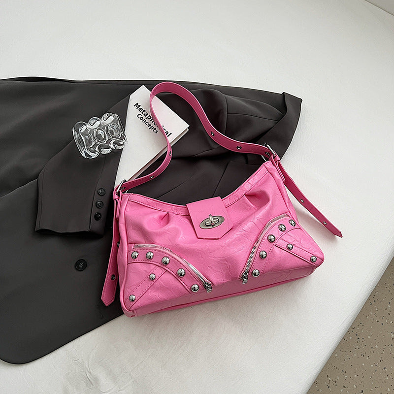 Retro personalized locomotive bag 2025 new fashionable large-capacity willow nail tote bag heavy industry foreign gas shoulder armpit bag