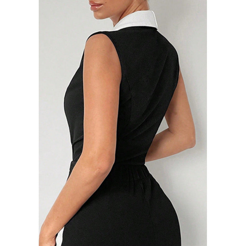 Women's sleeveless color block lapel bodysuit v-neck slim fit blazer style top for office and party occasions
