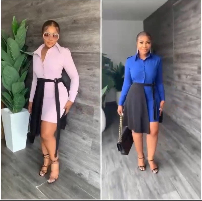 Cross-border European and American new models with belt lapel half cardigan waist hip wrap long sleeve color matching irregular dress women's clothing