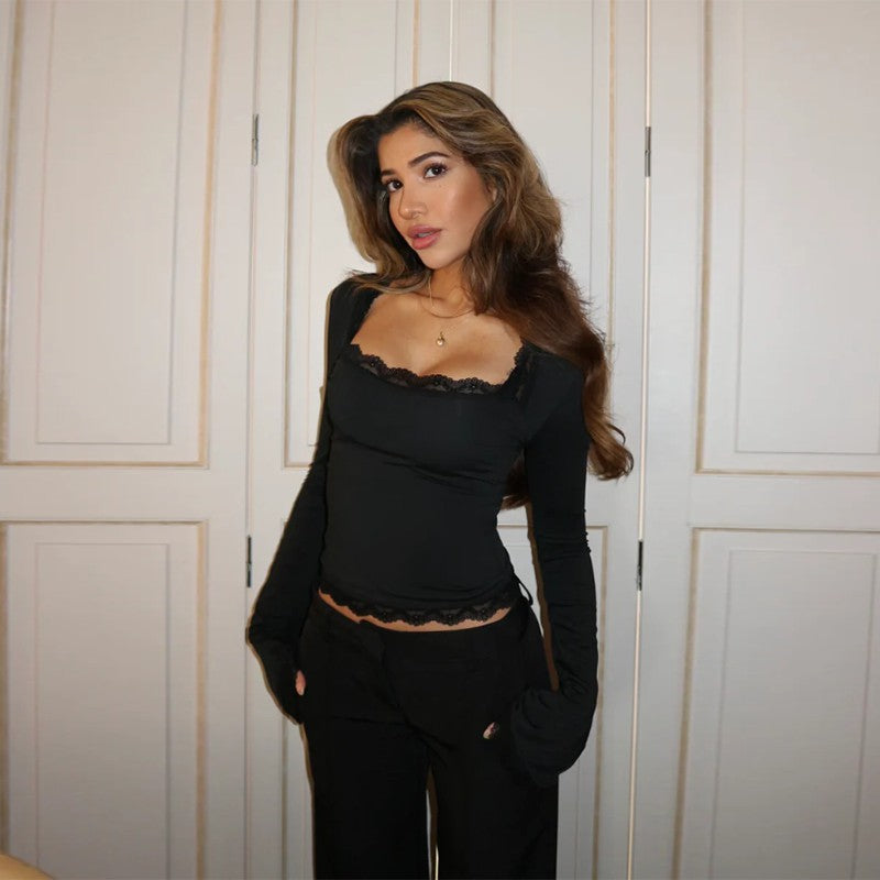spring/summer new arrivals: european and american style women's fashion - elegant, sexy, versatile, slim-fit lace trim long sleeve top