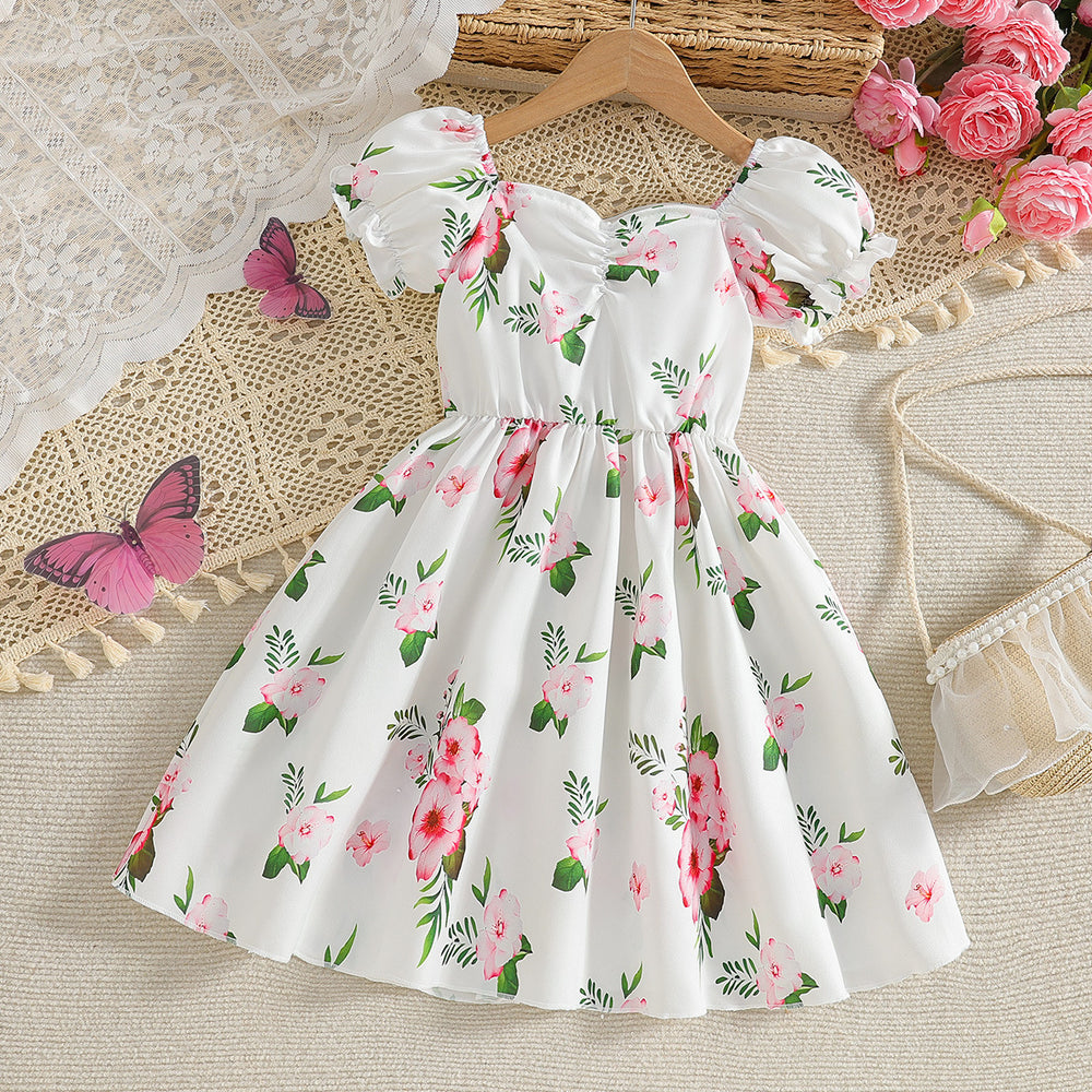 Girls' white dress for export - french style pink floral print, lantern sleeves, sweet summer princess dress for children