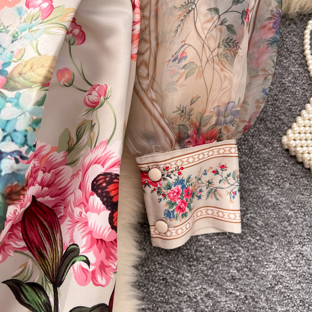 European and american court style vintage v-neck mesh lantern sleeve tie-waist design maxi printed dress