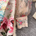 European and american court style vintage v-neck mesh lantern sleeve tie-waist design maxi printed dress