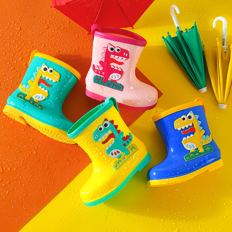 Kids' mid-calf waterproof rain boots - new fashionable styles for boys and girls - non-slip, fleece-lined baby rain boots - dinosaur designs available