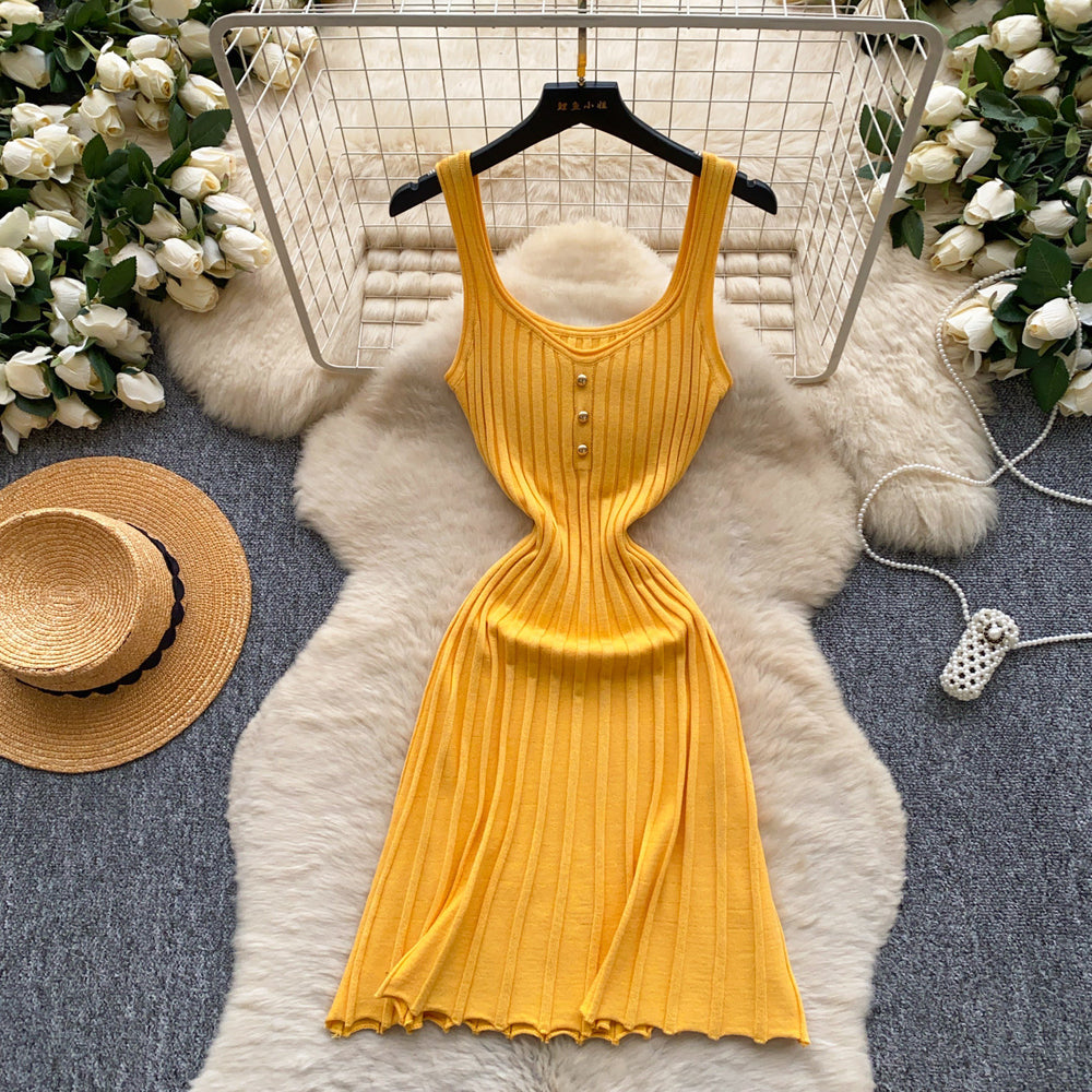 K-style yellow knitting pure lust style hot girl dress female petites suspender waist slimming look a-line skirtelegant
