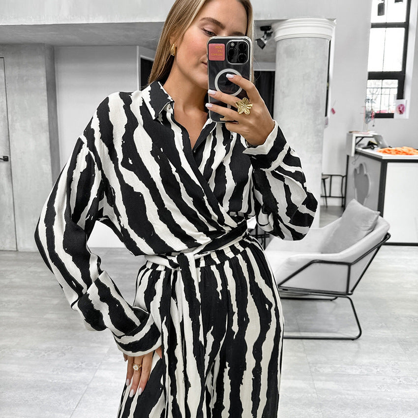 Cross-border European and American zebra pattern printing set 2025 spring fashion lace-up cardigan trousers two-piece casual women's clothing