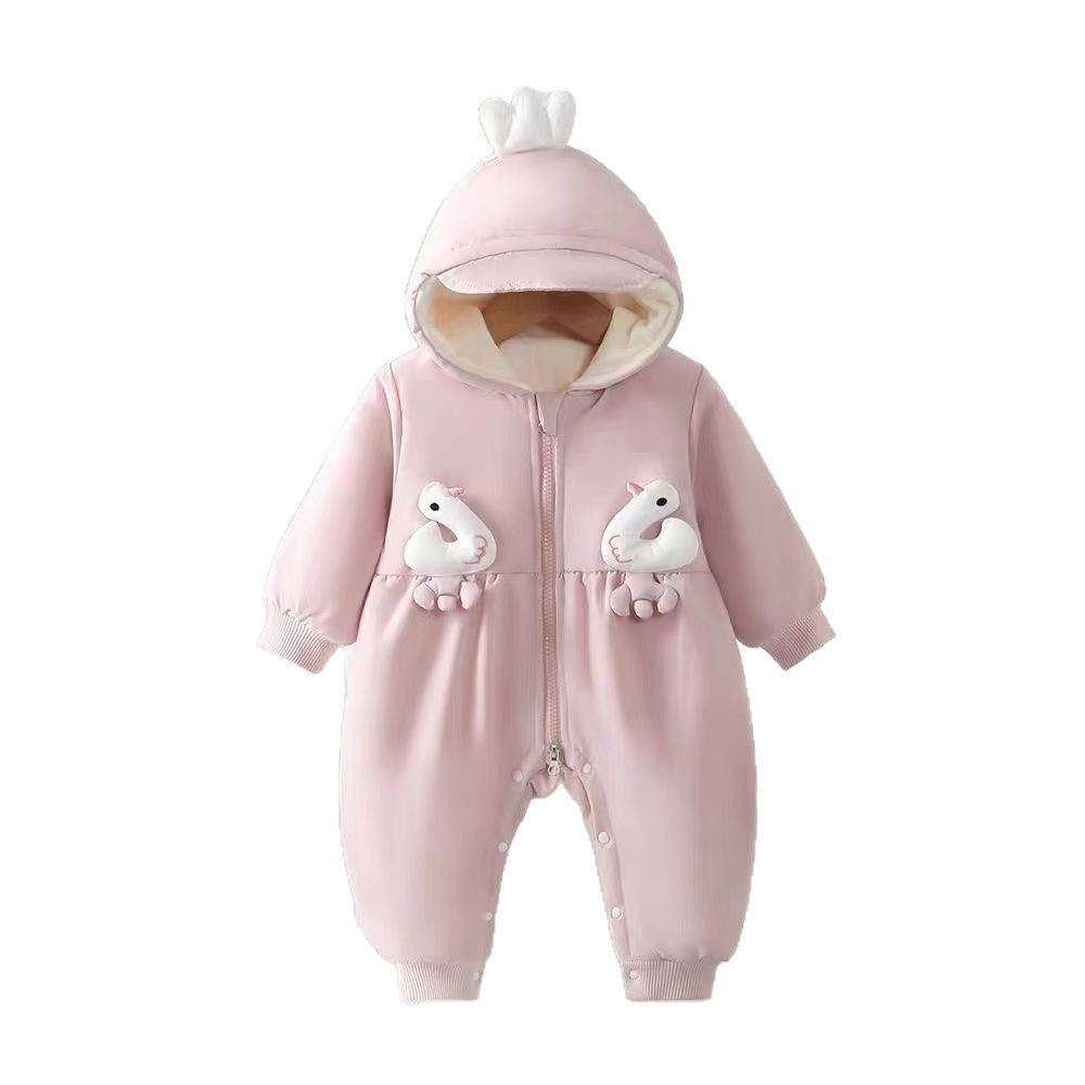 Winter hooded romper outfit baby jumpsuit coat infant onesie super cute fleece-lined thickened trendy