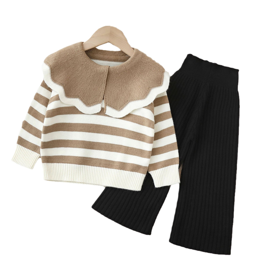 Girls' knitted sweater two-piece set - new autumn/winter collection - big collar, round neck wool sweater outfit for little girls