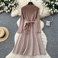 Xiaoxiangfengclassy contrast colorbows strappy long sleevesdress women's metal buckle waist slimming lookknitting short skirt