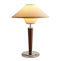Vintage walnut double-layered conical fabric table lamp with linen shade - retro cream style for bedroom nightstand or study