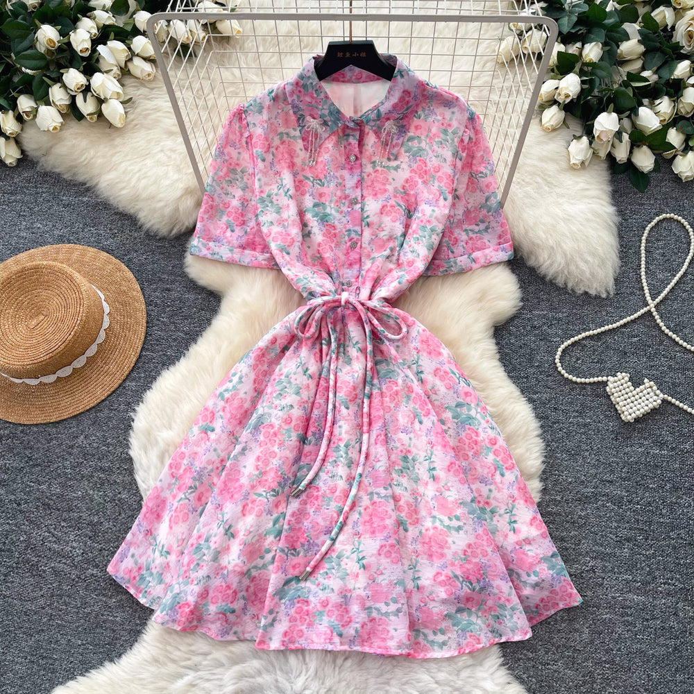 Frenchromantic style floral elegantdress women's summerk-style waist slimming look a-line skirt gentle tie back