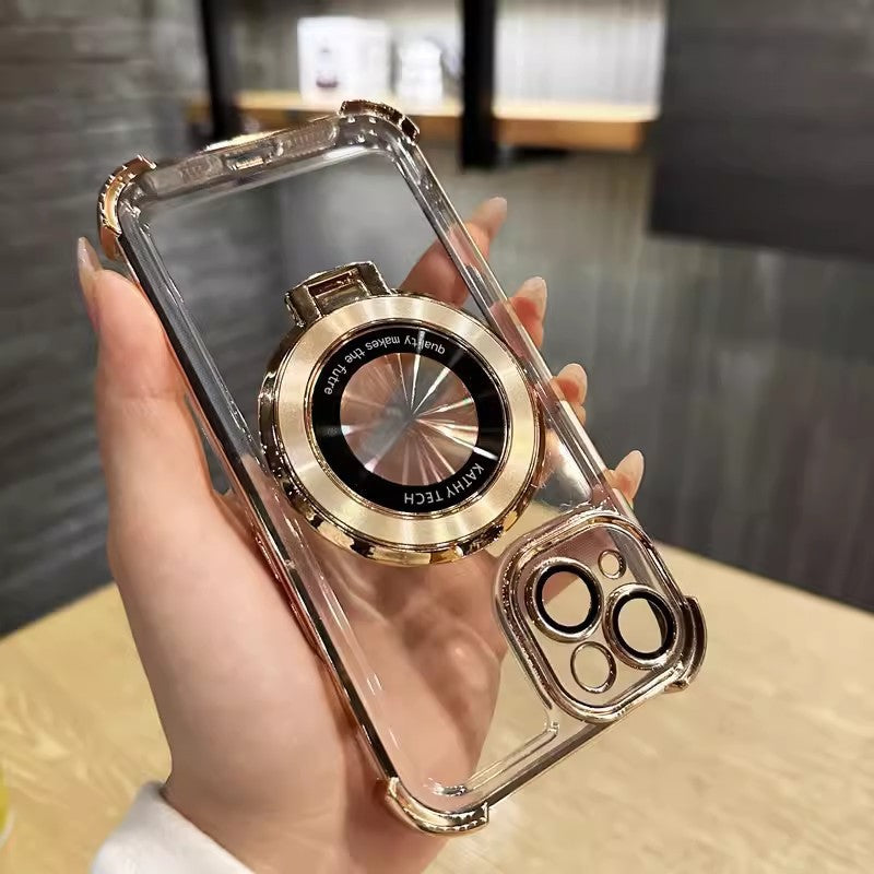 Magnetic magnifying glass stand compatible iphone 17 pro case, apple 16 glitter four-corner airbag shockproof cover