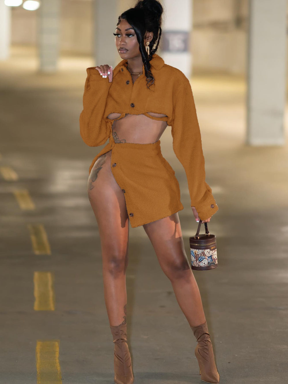 Source factory autumn and winter european and american clothing sexy women's imitation lamb cotton belly exposed slit skirt suit
