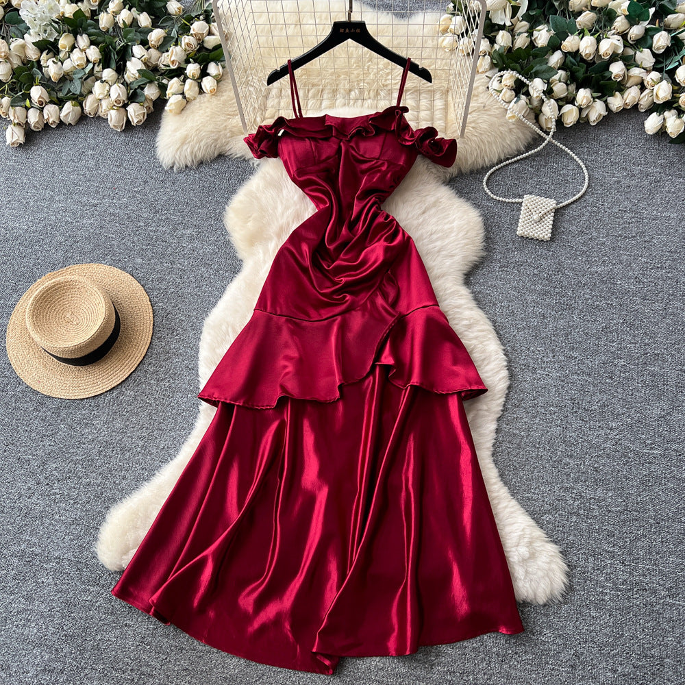 French red camisole dress with padded bust, satin, cinched waist, ruffle trim, sleeveless a-line, elegant party dress