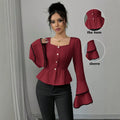 atmosphere burgundy shirt square collar single-breasted ruffle waist contrasting color hemmed large bell sleeves small top