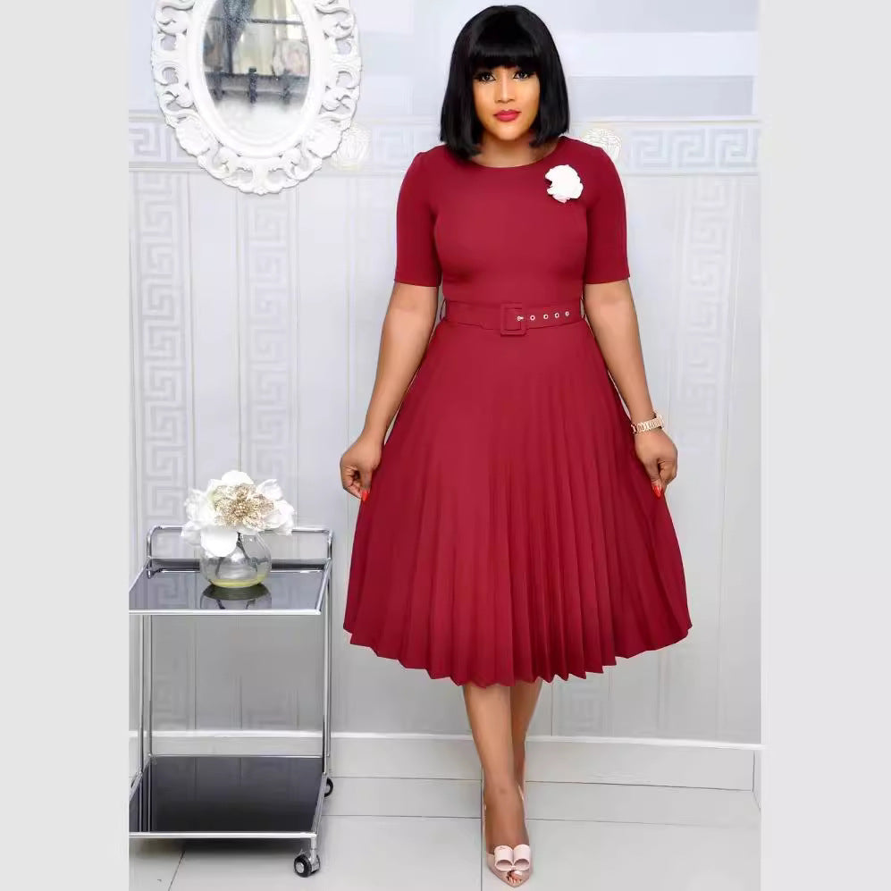 Export fashion women's clothing independent station  new african cross-border  pure color pleated dress in stock