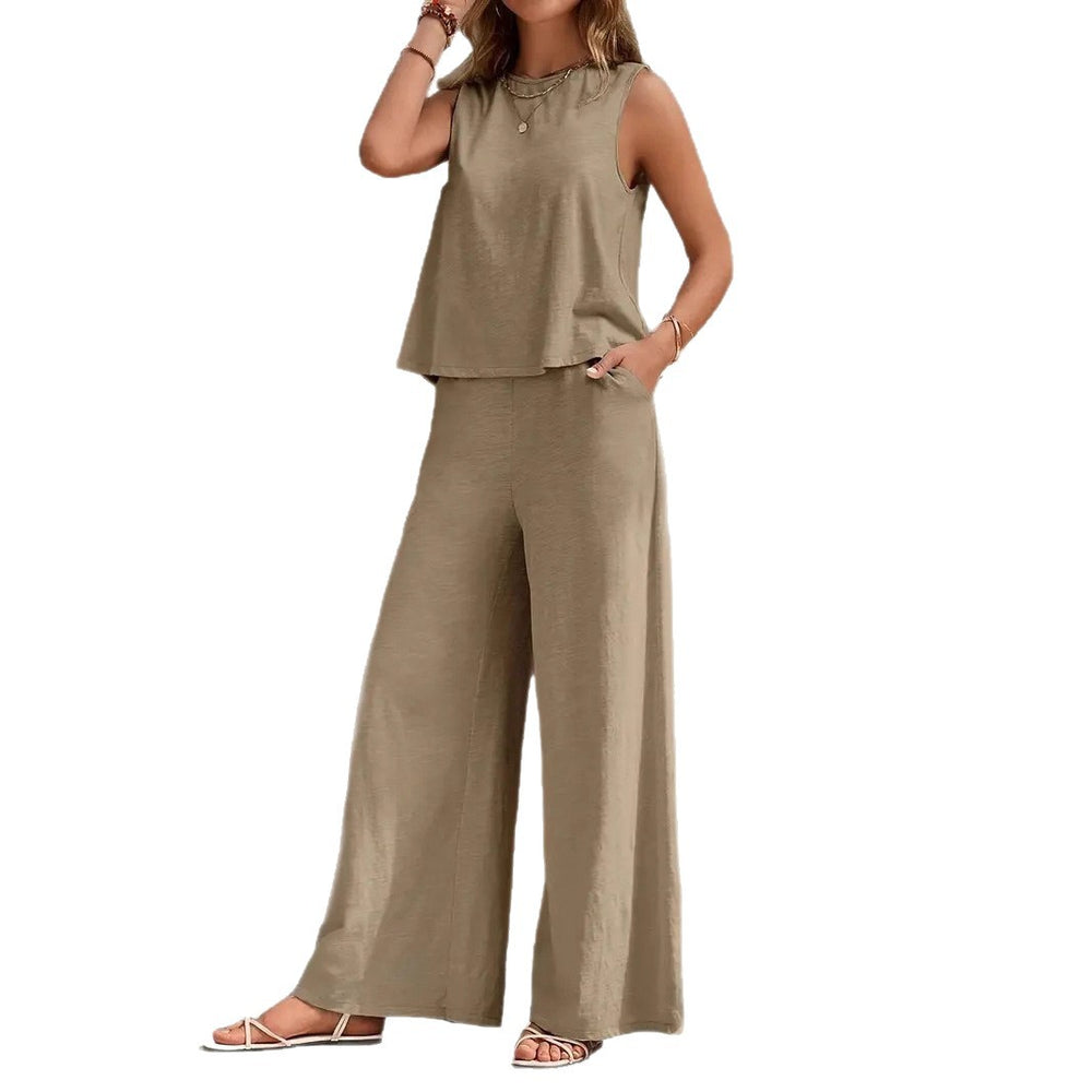 fashion cross-border best sellingpure colorelegancetwo-piece set round neck vest and loose pants suit women's clothing