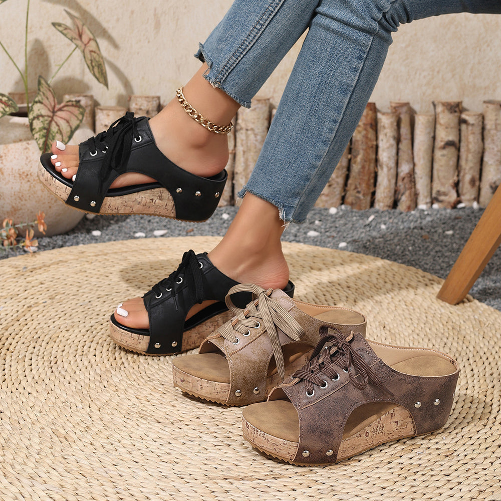 Plus sizeexport wedge sandals and slippers summernew arrivalretrothick sole roman sandals women's fish mouth rivet slippers