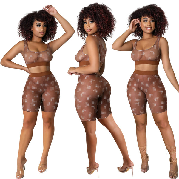 YD1140A11 special products are non-refundable and non-exchangeable European and American women's clothing, fashionable and sexy printed mesh yarn two-piece set